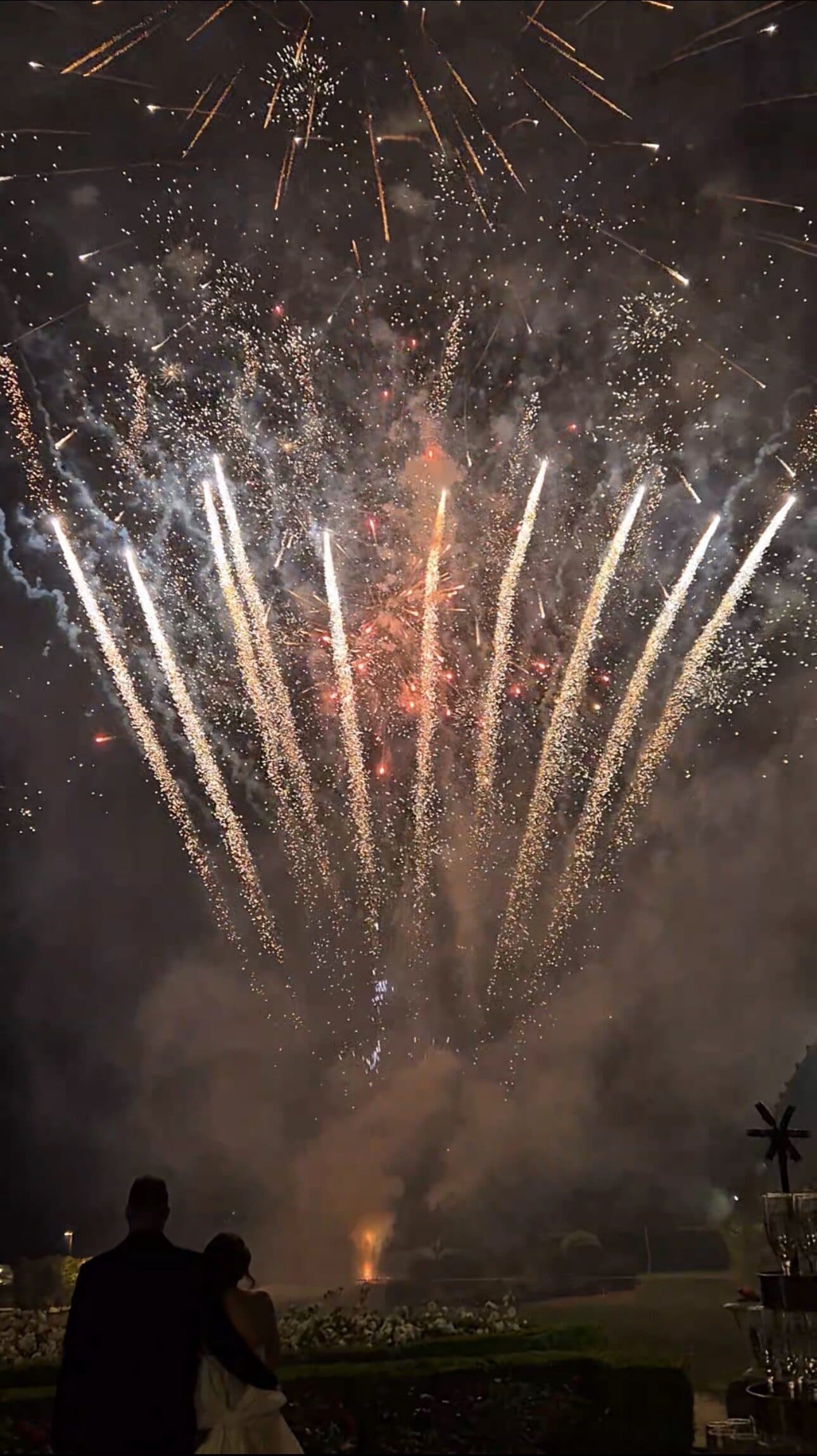 Éventail de feux d'artifice dorés admiré par les mariés